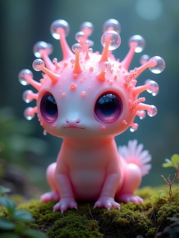 Creature is an imaginative lifeform blended with aquatic and alien-like traits. It features a soft and glowing body, large expressive eyes, and gelatinous filaments sprouting from its head. Environment is a lush forest setting with soft light and moss.