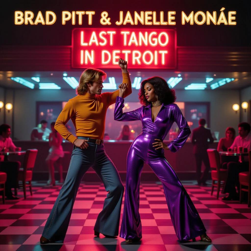 Retro-gritty poster showing dancers. Includes Brad Pitt in bell-bottoms and a mustard turtleneck. Features Janelle Monáe in a purple jumpsuit. Background has a neon sign reading LAST CALL. Use wide-angle lens distortion and lomography grain effects for retro style.