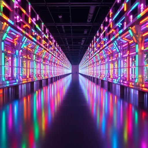 A vast 3D lattice of intersecting glowing rods with a gradient of LEDs cycling through the spectrum. The structure appears to repeat infinitely in all directions, creating a weightless, floating neon architecture.