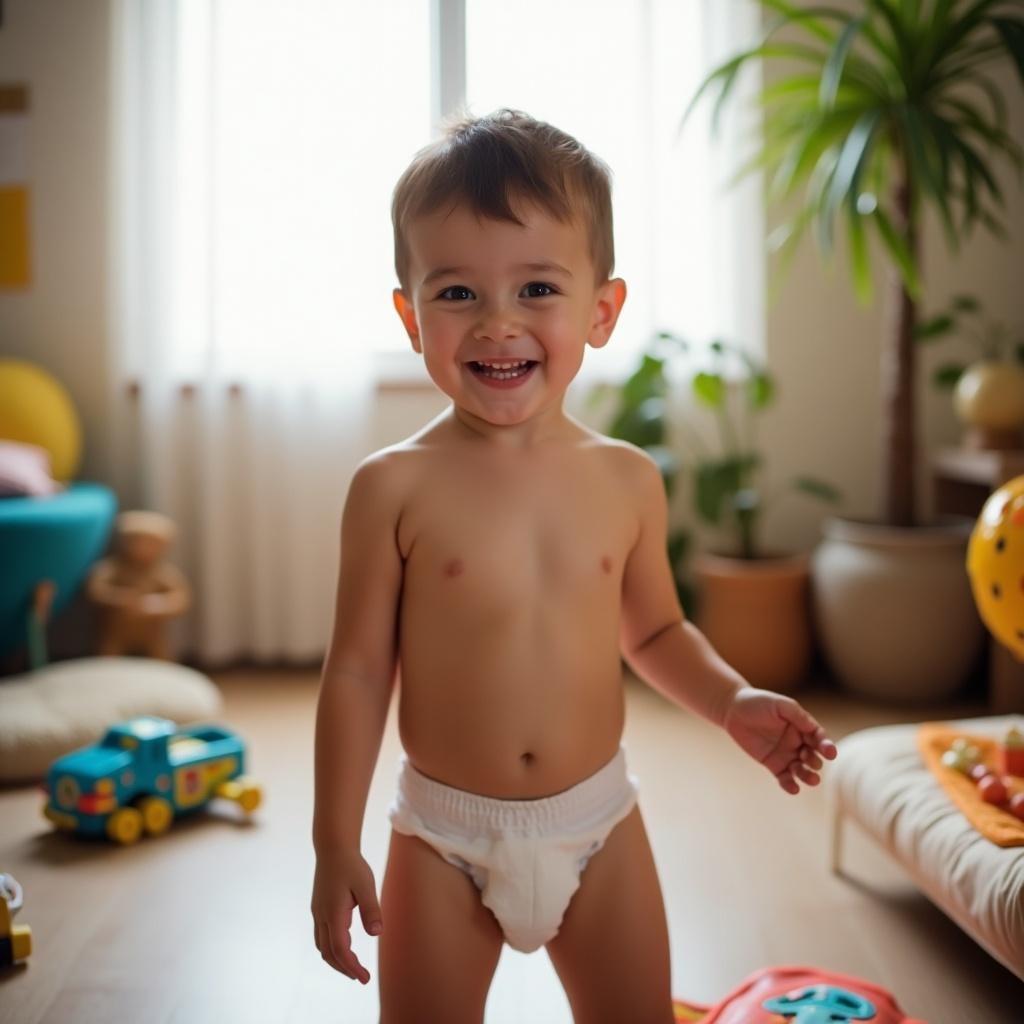 A smiling toddler is at home, wearing a diaper. The scene is brightened by natural sunlight coming through a window. Toys are scattered around, indicating playtime. The atmosphere is warm and welcoming, making the boy feel at ease. This setting captures the innocence of early childhood and the joy of being at home.