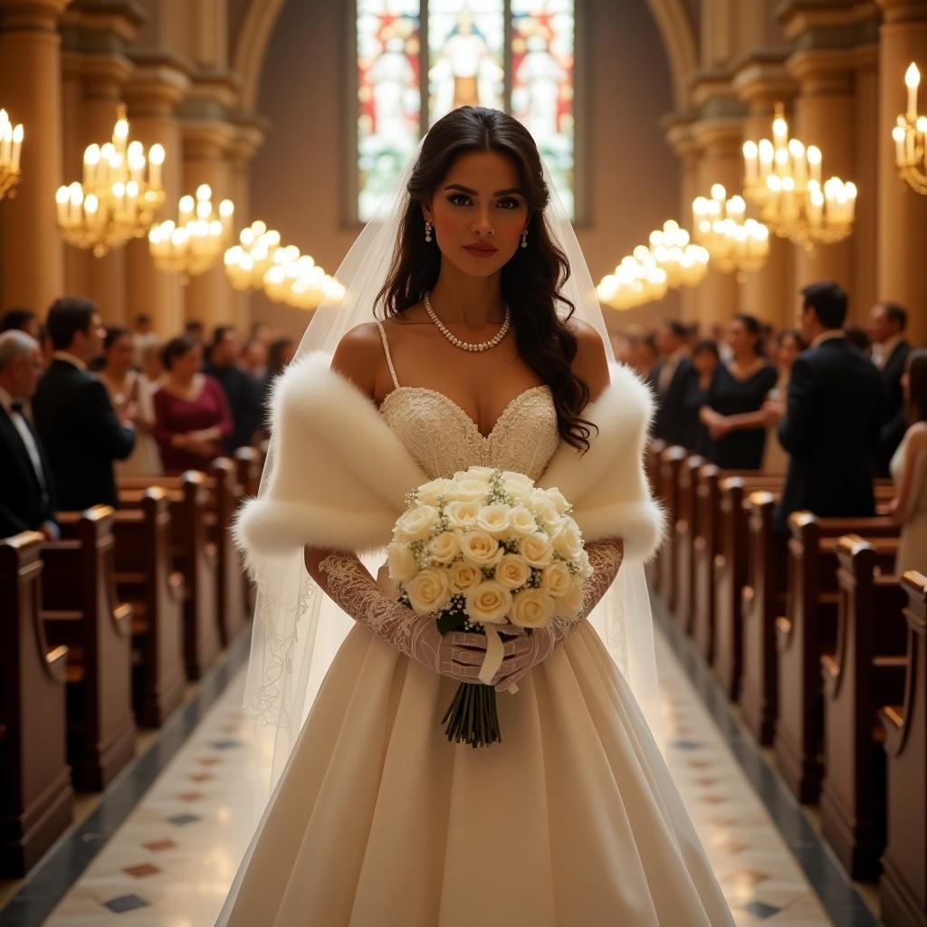 A regal brunette bride in an ivory ball gown walks down a baroque-style church aisle. The gown features French lace and a beaded bodice. She has soft waves in her hair under a puffed veil. Warm candlelight highlights her features. She holds an oversized bouquet of white roses, hydrangeas, and baby's breath, wrapped in ivory satin. A pearl necklace and white fur stole complete her look. The church has stained glass windows and candelabras, enhancing the classical elegance.