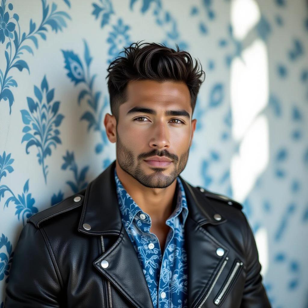 Male model with a multiracial background wears a leather jacket and blue paisley shirt. Patterned wallpaper serves as background. Soft lighting and engaging shadows enhance the portrait. Shot with a Leica CL camera.