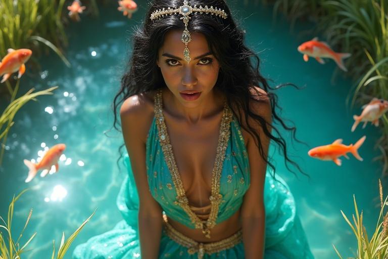 Top view of a model kneeling in turquoise Arabian outfit. Ornate gold embroidery and sheer pants with floral patterns. Shiny black hair and jeweled headpiece. Surrounded by a pond with leaping fish and glowing grass. Expression shows joyful wonder.