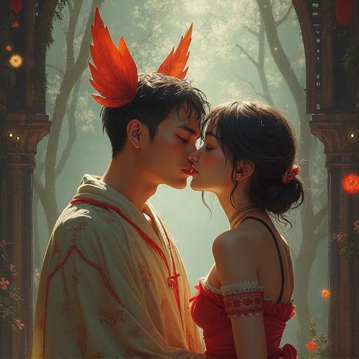 A romantic scene features two characters leaning in for a kiss in a fantasy setting. Surrounded by lush greenery and soft glows, they exude intimacy. The ambiance is serene and magical.
