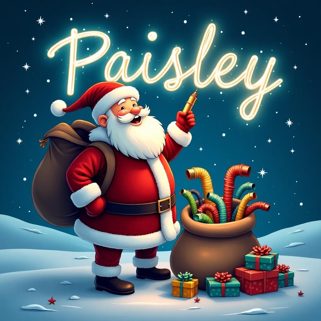 Christmas theme featuring Santa Claus writing 'Paisley' in the sky with a colorful glow pen. Santa has a bag filled with colorful hoses as gifts.