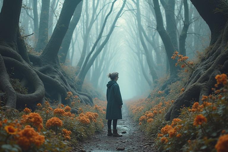 A person standing in a mystical forest with a foggy atmosphere. The forest has large roots, tall trees and vibrant orange flowers. The person appears contemplative, surrounded by nature.