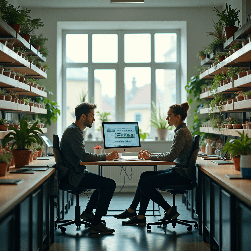 The image depicts a modern office environment with a nature-inspired theme. Two people are seated across from each other at a shared desk, engaged in conversation or collaboration, with a large computer screen between them. The workspace is flanked by shelves filled with a variety of potted plants, adding a refreshing and natural atmosphere to the room. Natural light streams in through a large window in the background, further illuminating the space. Both individuals are dressed casually, suggesting a relaxed and creative work environment.