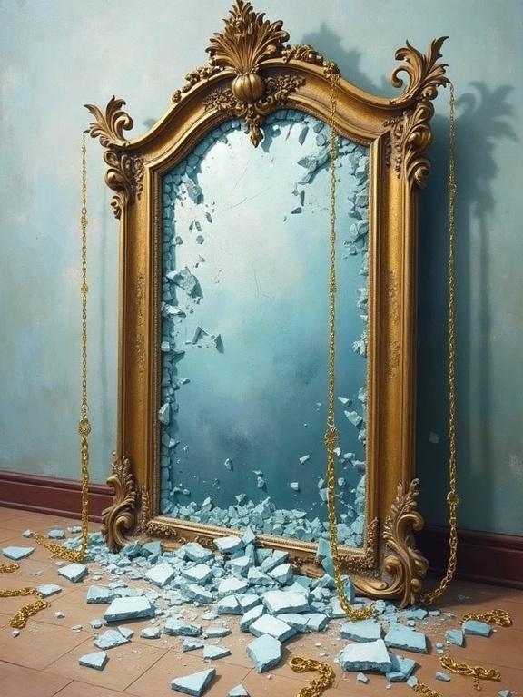 An extremely rough oil and watercolored painting. A shattered, near unrecognizable mirror. Shards of glass scattered on the floor. Golden chains come from the edges.