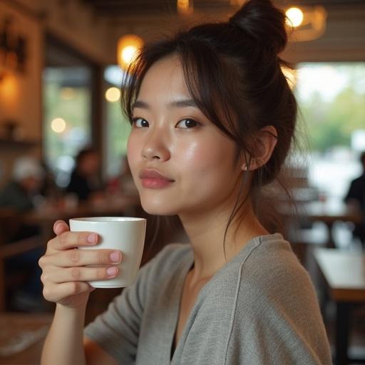 A teenage girl sitting in a cafe. She holds a cup of tea. The cafe has a cozy ambiance. Natural light coming through the windows.