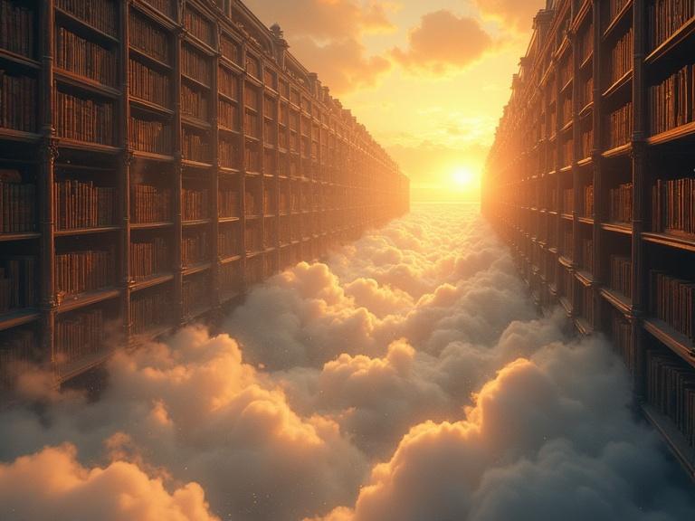 Grand library floats in clouds at golden hour. Books fall like snow amidst soft ethereal light. Inspired by Renaissance painting style.