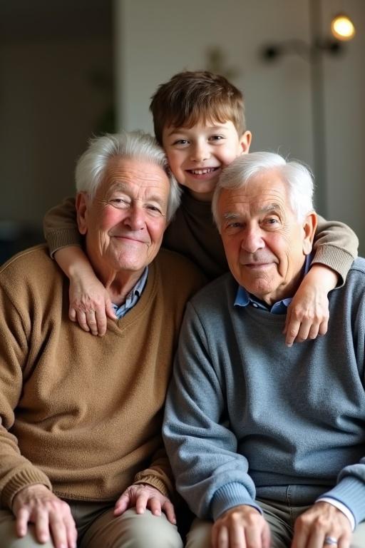 Family photo featuring grandparents with grandson. Grandparents are seated on a sofa. Grandson stands behind holding shoulders of the grandparents. Soft and warm ambiance. Casual setting conveying closeness of family.
