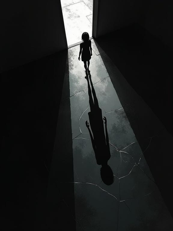 A dark abstract illustration featuring a silhouette of a woman standing at the top right. She faces her black shadow, which stretches down diagonally. The background is black with rough brush strokes. The glass floor beneath her is cracking and shattering. An extreme top-down perspective shows her shadow filling the entire image.