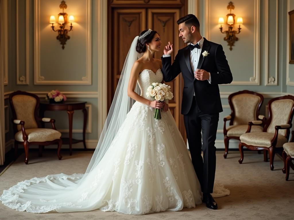 A bride and a man in a tuxedo are standing together in an elegant room. The bride is wearing a stunning, intricately designed wedding gown with a long train, and she holds a bouquet of roses. The man, dressed in a formal black suit with a tie, is playfully holding a small item in his hand while looking at her. The room is decorated with luxurious furniture, chandeliers, and ornate wall details. The atmosphere is a mix of romance and light-heartedness, capturing a unique moment between the couple.