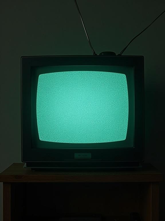 Old CRT television set showing green noise on the screen.