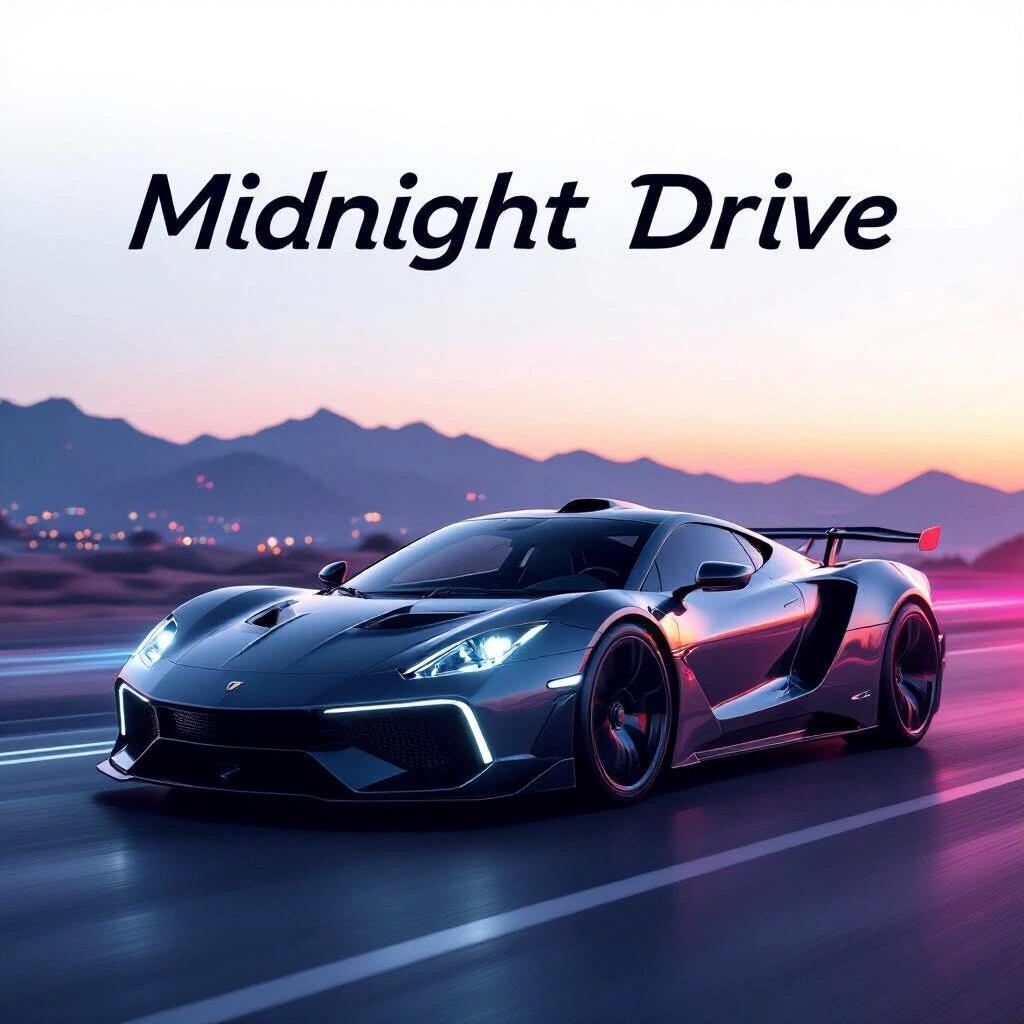 Dark hypercar depicted with neon accents captured in a raw photo. Background shows a nebula influence. Title displayed as 'Midnight Drive.'