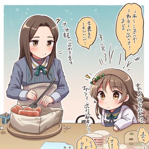 Two characters in a light-hearted scene. One is preparing food while the other watches. The atmosphere is warm and inviting with pastel colors.