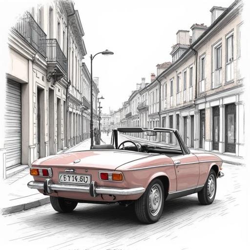 A touristic convertible car is displayed slightly from the profile and three-quarters front view emphasizing its length. Visible are the seats, steering wheel, and dashboard details. Background features a street with historical buildings drawn in a receding perspective. Drawing style is fine and detailed consistent with other works.