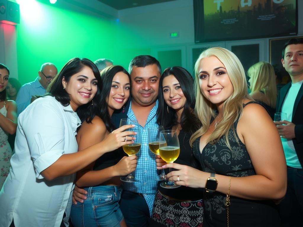 A group of people smiling and holding glasses of wine at a party.