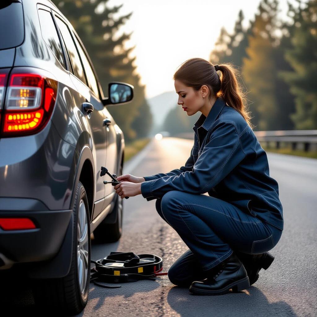 A woman driver inspects her broken-down vehicle on the side of the road. She is working under the car. Only her legs are visible under the vehicle.