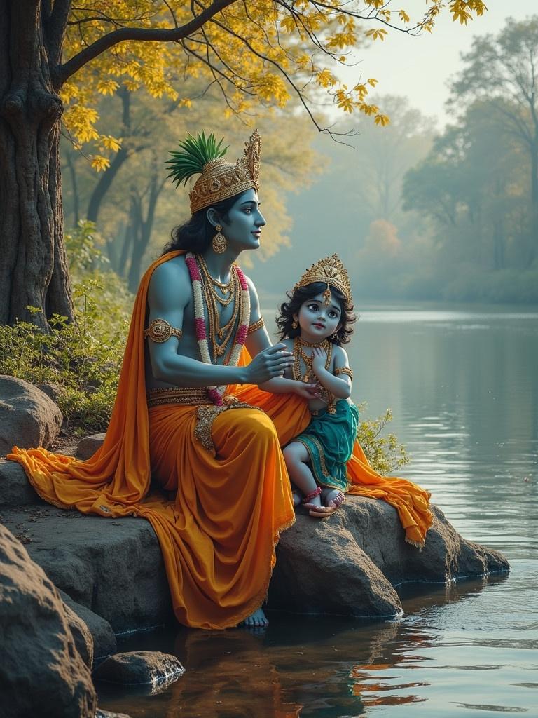 Lord Krishna and a child relax near a tranquil river surrounded by trees. Krishna wears a bright orange outfit with leafy adornments. The child shows innocence and joy. The setting features peaceful water and golden autumn leaves.