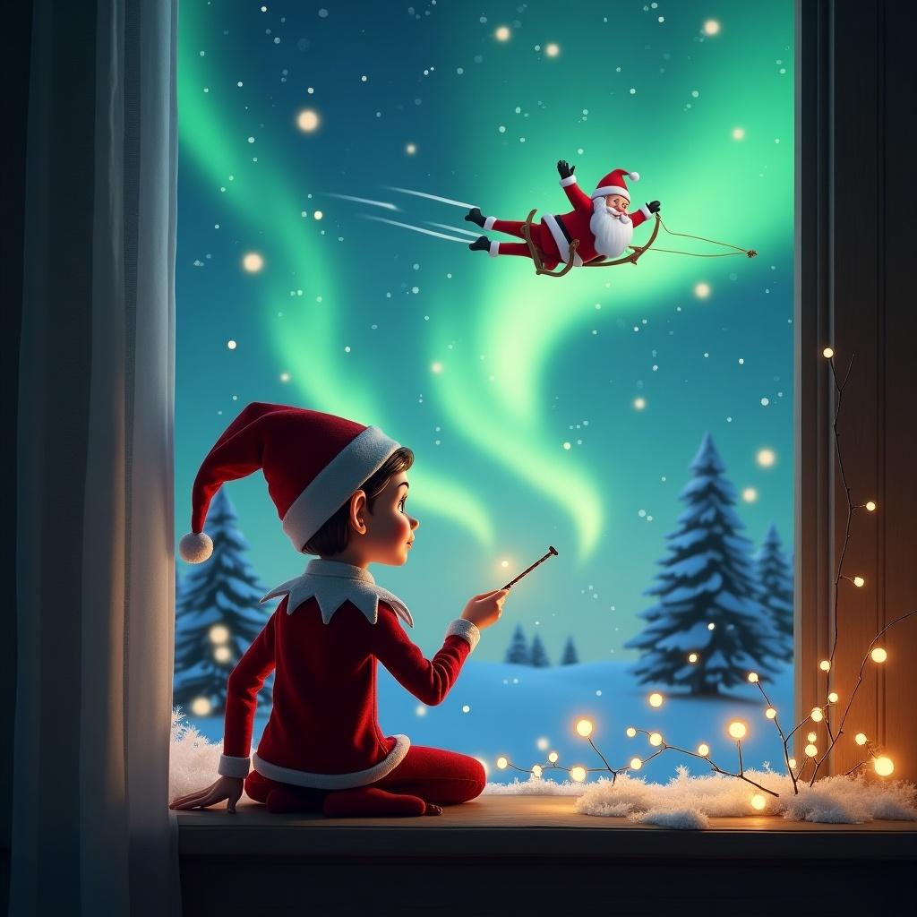 A charming scene depicting an elf on the shelf with his back to the viewer. He is facing the sky, using a wand to write the words 'I will see you soon Chloe' in the air. The background showcases a magical Christmas landscape filled with northern lights illuminating the night sky. In the distance, Santa Claus is skiing joyfully among the lights. The setting is cozy, with winter decorations and twinkling lights enhancing the festive atmosphere.