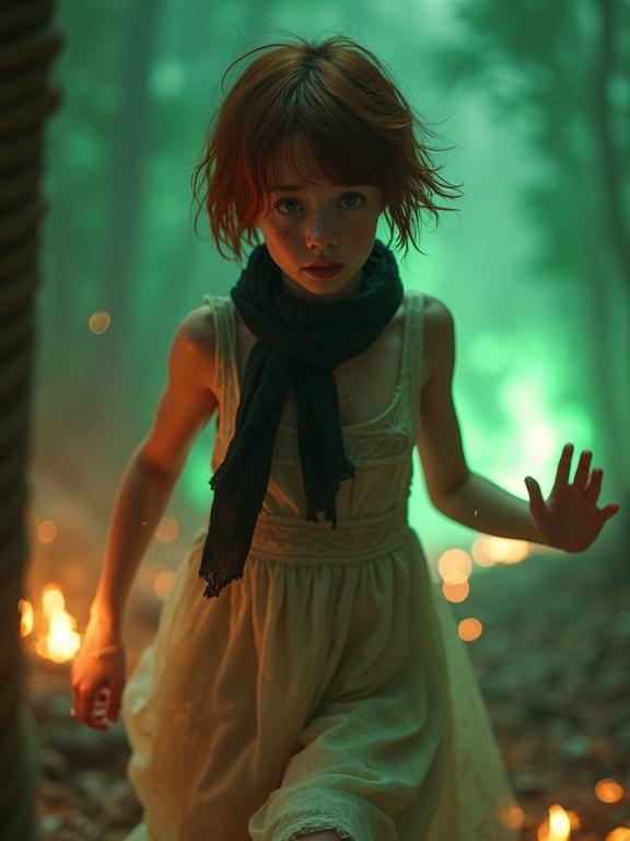 Photorealistic image depicting a girl in a mystical forest. She has short auburn hair, smooth pale skin, and freckles. Tears stream down her face while she runs from a burning gallows platform. She wears a torn dress and a black scarf around her neck. Emerald green flames envelop her hands as she stares at them in horror.