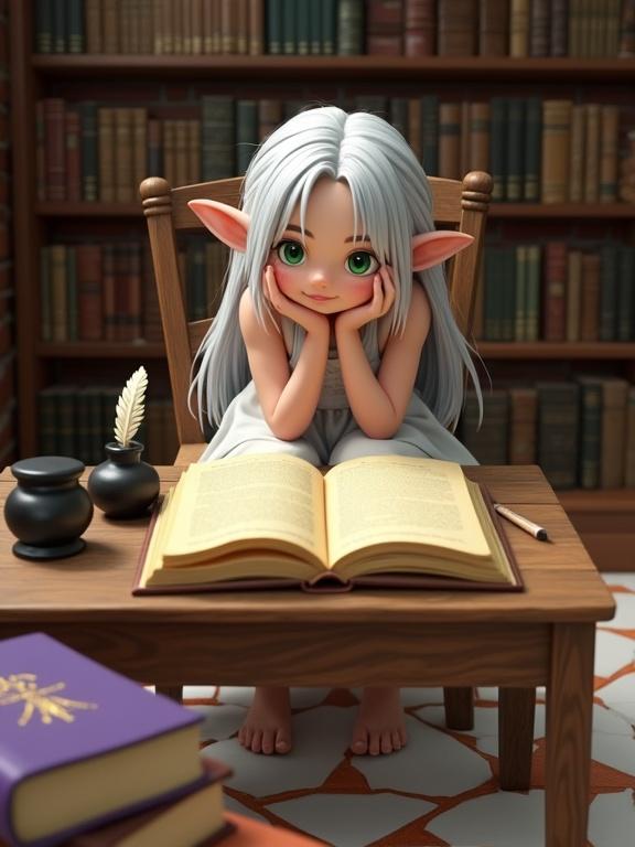 Elf girl with white hair and green eyes sitting in a library wearing a sleeveless white dress barefoot. Her arms are folded and she rests her head on her knees. An open book is on a wooden table with an inkwell and quill. A purple book is on the floor. Background has brick walls and bookshelves. Soft natural lighting creates gentle shadows. Composition uses the rule of thirds.