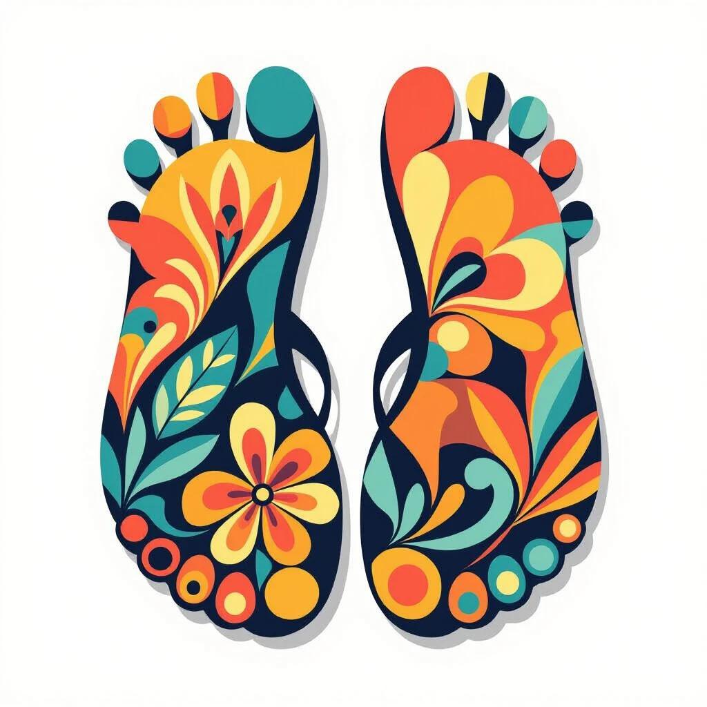 Colorful floral designs on a pair of feet. The feet show vivid patterns and bright colors, resembling a mix of flowers and leaves. The illustration emphasizes artistic details and vibrant hues.