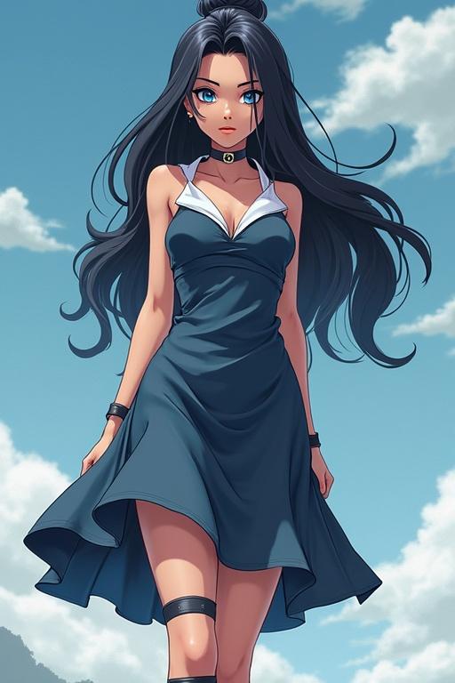 Anime character with long black hair and blue eyes wearing a short, fitted dress. Dress has a spiral logo on the sleeve, and is paired with knee-high boots. Konoha headband worn at the hip. Background features a clear blue sky.