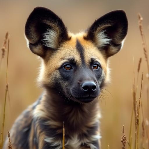 Fuzzy African Wild Dog in tall grass. Capture the essence of the wild animal with focus on its body details and surroundings. Warm natural colors reflect the environment. Emphasize its furry texture.