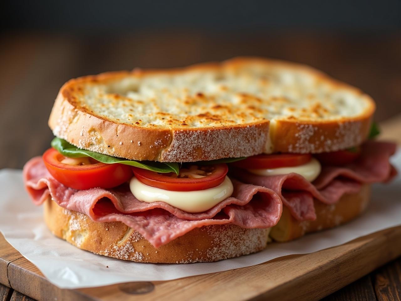 A mouthwatering ciabatta sandwich is stacked high with layers of cooked pastrami, fresh mozzarella, sliced tomatoes, and a generous spread of mayonnaise. The sandwich features crisp greens for added texture and color. It's nestled between two golden toasted ciabatta slices. The warm, inviting colors of the ingredients make it look irresistible. Perfect for a delicious lunch or a light dinner, this sandwich emphasizes freshness and great flavor.