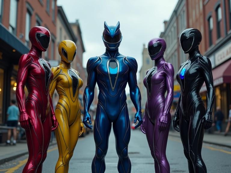 Five sleek smooth iridescent Power Rangers stand in a detailed American town street. Each wears a unique colored suit: buff red male ranger, blue skinny male ranger, yellow female ranger, bulky tall male black ranger, light purple slim female ranger. Their custom suits feature glowing elements and reflect the overcast sky. The street scene includes shops, people, and cars, adding urban vibrancy.