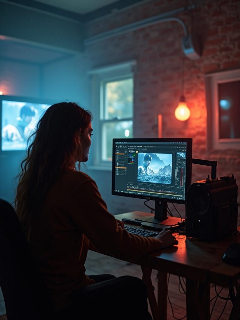 A woman edits film on a computer in a stylish creative workspace. The setting has modern decor with a soft light ambiance. Screens glow in the background while she focuses on editing software. A blend of colors enhances the artistic vibe.