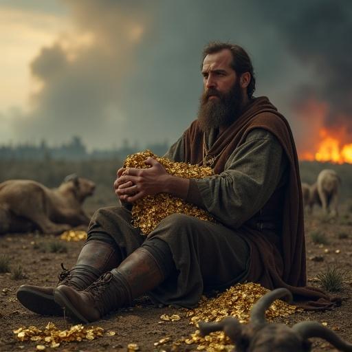 A bearded man clutches piles of gold in despair. He sits in a ruined field with dead animals. Smoke rises in the air. The sky is dark and ominous. Lighting is epic. Shadows are hyperrealistic and dramatic. The atmosphere is intense.