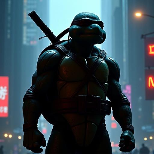 Silhouette of Donatello from Teenage Mutant Ninja Turtles in a cyberpunk city setting. Neon lights in the background and a dramatic low angle perspective.