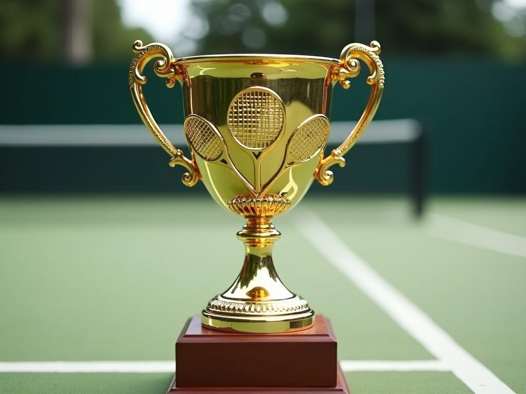 This image features a classic trophy reminiscent of 1990s teenagers' tennis tournaments. The trophy is golden with intricate designs, showcasing tennis rackets on either side. It sits on a polished wooden base, reflecting the bright green tennis court in the background. The setting is vibrant, capturing the essence of youthful competition and sportsmanship. Ideal for illustrating nostalgic themes related to youth sports. The close-up view highlights the shiny finish of the trophy, inviting feelings of achievement and celebration.