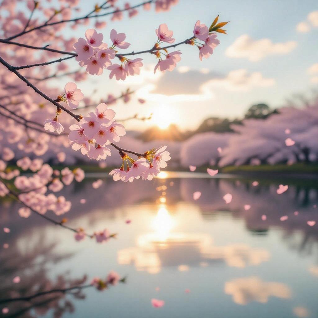 Soft dreamlike photograph of cherry blossoms blooming against wispy clouds. Delicate petals float in the air like carried by a gentle breeze. A tranquil lake mirrors the scene reflecting pastel pink and white hues. Warm sunlight filters through branches casting a golden light on landscape.