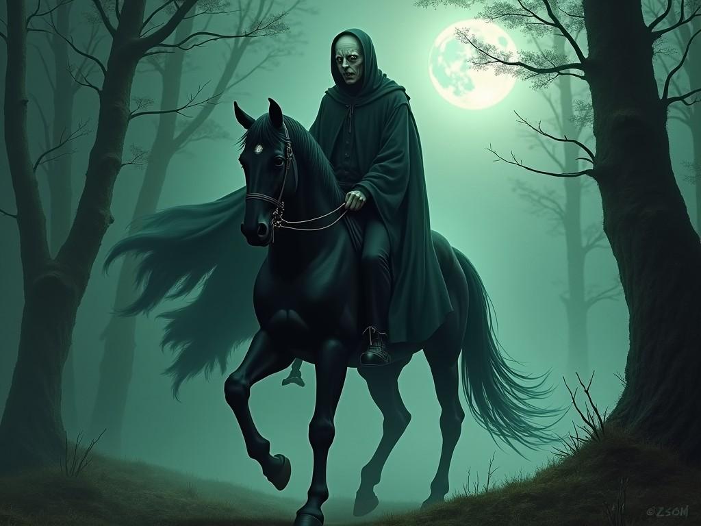 This image depicts a Dullahan, a mythical creature from Irish folklore, riding a majestic black horse through a dark forest. The eerie atmosphere is enhanced by the soft glow of a large, pale moon in the background. The figure is cloaked, creating a mysterious and foreboding appearance, typical of this headless rider legend. Surrounding trees loom in the shadows, adding to the image's mystical quality. This scene evokes themes of the supernatural and folklore, making it perfect for fantasy or horror-related content.