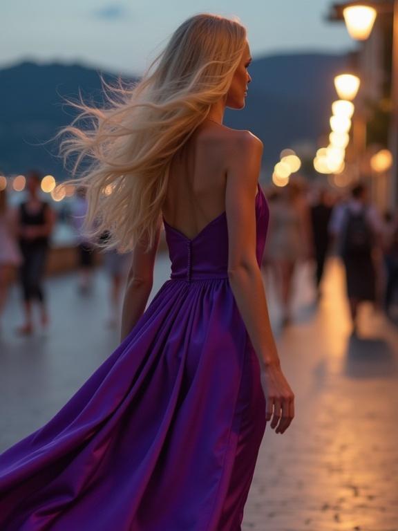 Blonde model with flowing hair walks on the promenade at dusk. She wears a purple satin dress. Streetlights cast soft light in the evening. Locals and tourists stroll around. The atmosphere feels cinematic and romantic.