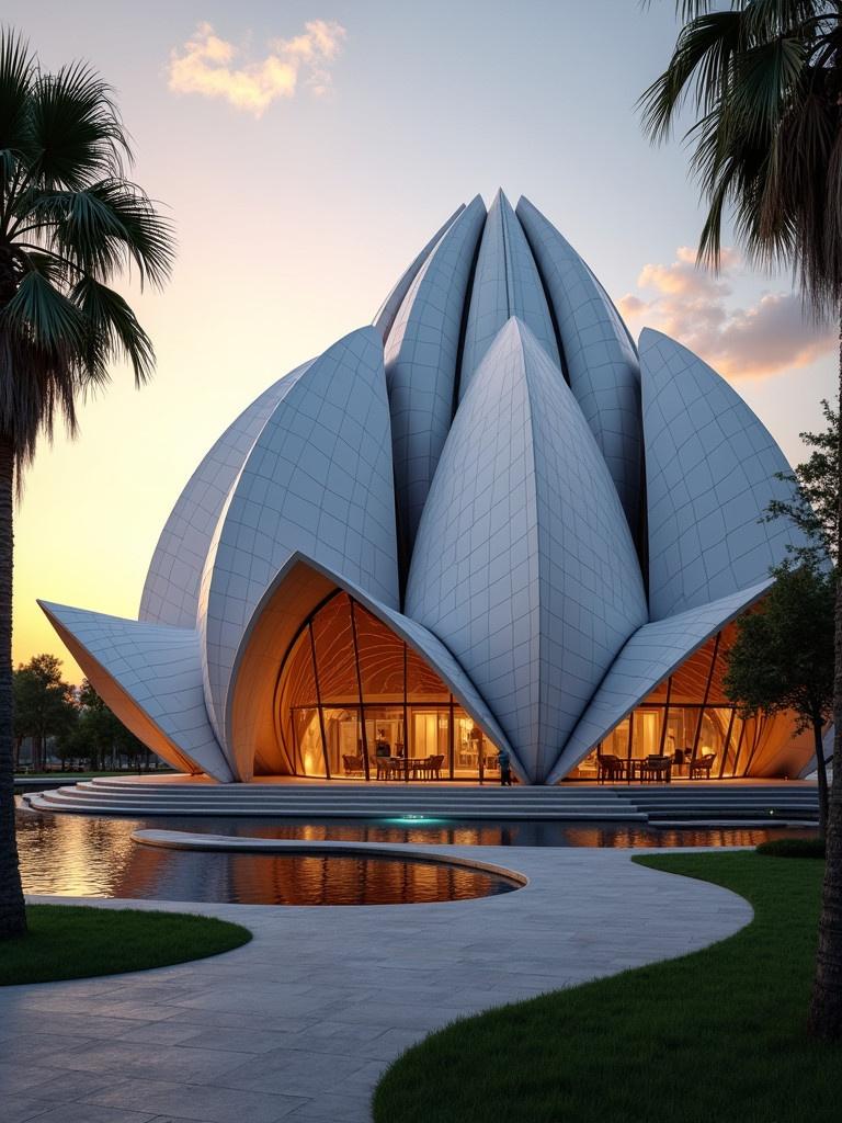 Futuristic architectural building resembles a lotus flower. Surrounded by palm trees. Warm evening sky. Soft lighting enhances the form.