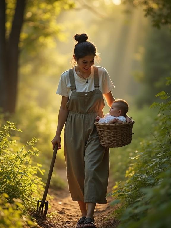 A mother walks on a forest trail. One hand holds a gardening tool. The other hand carries a basket with a sleeping baby. Sunlight filters through leaves creating bright spots on the surroundings. The mother looks lovingly at her child. Bright colors used.