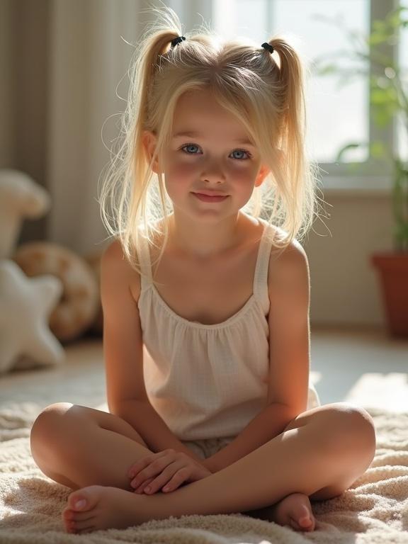 A young girl sitting on a rug in a cozy room with warm natural light. She has blonde hair styled in twintails and wears a simple top. Her expression is cheerful and innocent. The setting includes plants and a soft texture around her.
