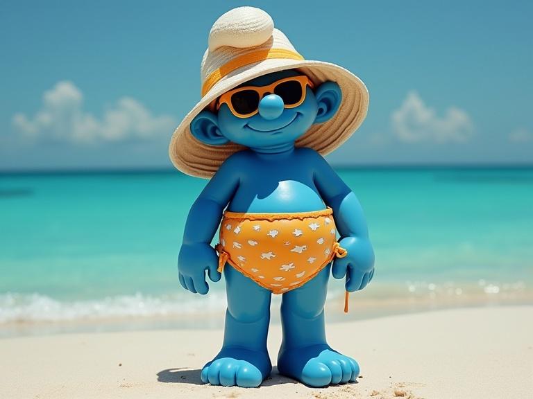 Smurf character in swim trunks on beach wearing sunglasses. Sunny day with ocean background. Cute and colorful representation of summer fun.