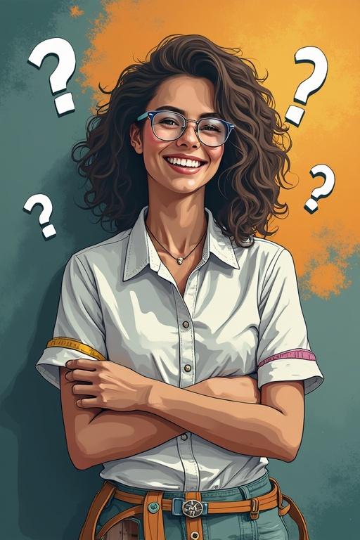 Generate an image about quiz for study. An individual with curly hair stands with arms crossed. A backdrop of vibrant colors with question marks. The scene conveys curiosity and engagement in learning.