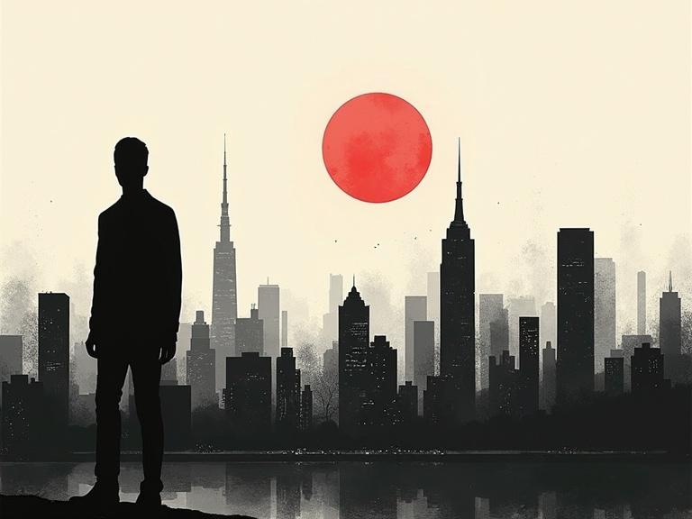 A minimalist abstract city landscape with a faceless humanoid silhouette. The background features a bold monochrome design with sharp color contrasts. The composition is surreal and emotive, evoking a fashion editorial vibe and high-concept visual storytelling.