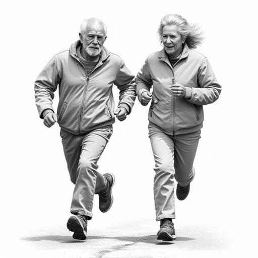 Full body view of an elderly couple running together. Pencil figure drawing by Heinrich Cley. White background. Focus on the action of running.