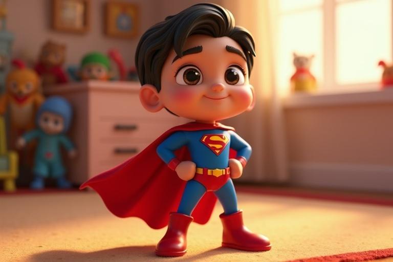 A heroic figure in 3D animation stands confidently in a brightly lit bedroom. The character wears a vibrant blue suit and a red cape. Bold colors create an aura of heroism around him. Toys and soft colors in the background create a homey atmosphere.