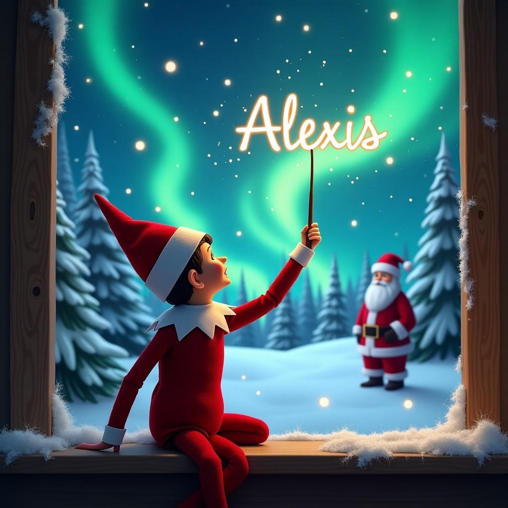 Elf facing the sky. Using a wand to write 'Alexis'. Magical Christmas background. Northern lights are shining. Santa appears in the background.