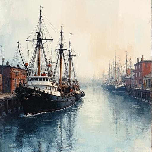 Painting of the industrial port of Le Havre in watercolor style. Ships docked along a canal. Hazy atmosphere. Historical setting. Calm waters. Artistic representation of maritime life.