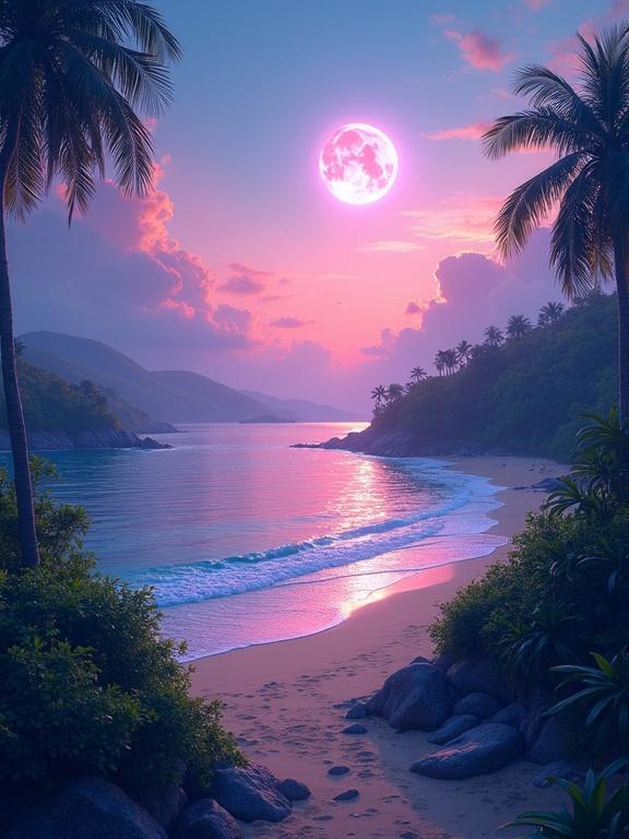 A serene tropical landscape at twilight. Luminous planet in the sky with pink clouds. Calm beach winding through lush greenery. Ambiance is tranquil and evokes peaceful solitude. Vivid lighting emphasizes scene. Composition guides viewer's eye from foreground foliage to distant hills.